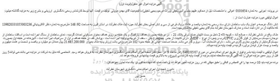 مزایده فروش شش دانگ عرصه و اعیان یک باب ساختمان دارای سند رسمی به شماره پانصد و هشتاد و یک فرعی از سی و شش اصلی