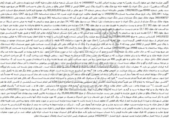 مزایده یک قطعه خانه نوع ملک وقف با کاربری پلاک ثبتی 2644 فرعی از 2062 اصلی