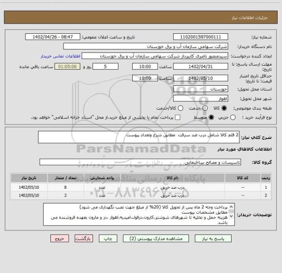 استعلام 2 قلم کالا شامل درب ضد سرقت  مطابق شرح وتعداد پیوست