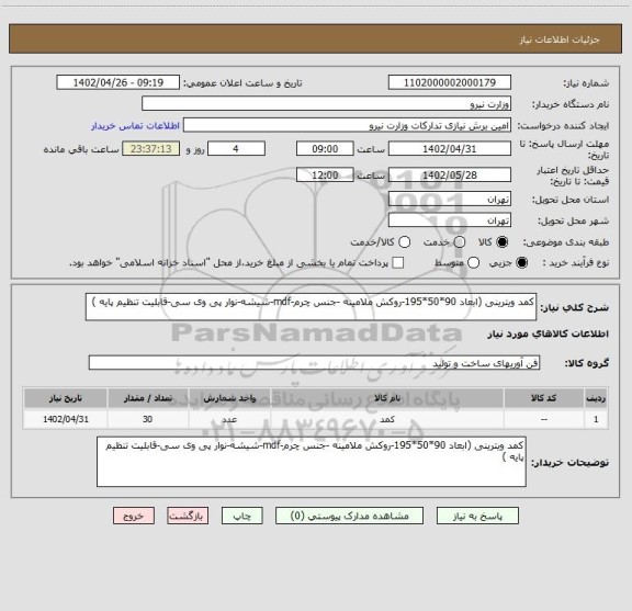استعلام کمد ویترینی (ابعاد 90*50*195-روکش ملامینه -جنس چرم-mdf-شیشه-نوار پی وی سی-قابلیت تنظیم پایه )