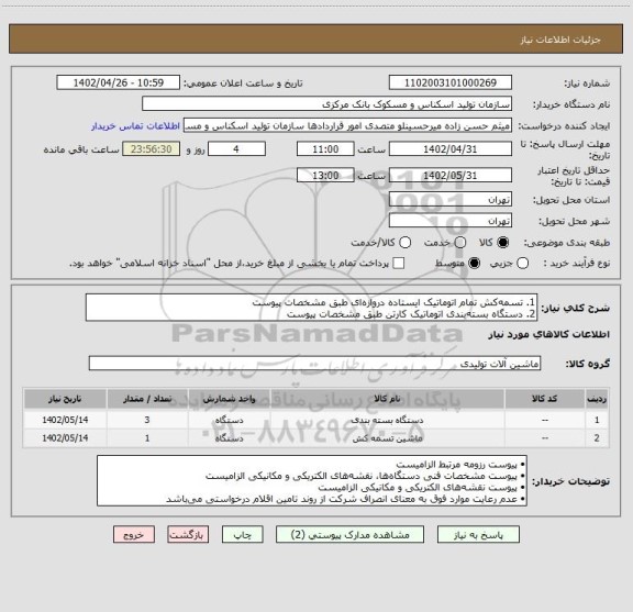 استعلام 1. تسمه کش تمام اتوماتیک ایستاده دروازه ای طبق مشخصات پیوست 
2. دستگاه بسته بندی اتوماتیک کارتن طبق مشخصات پیوست
