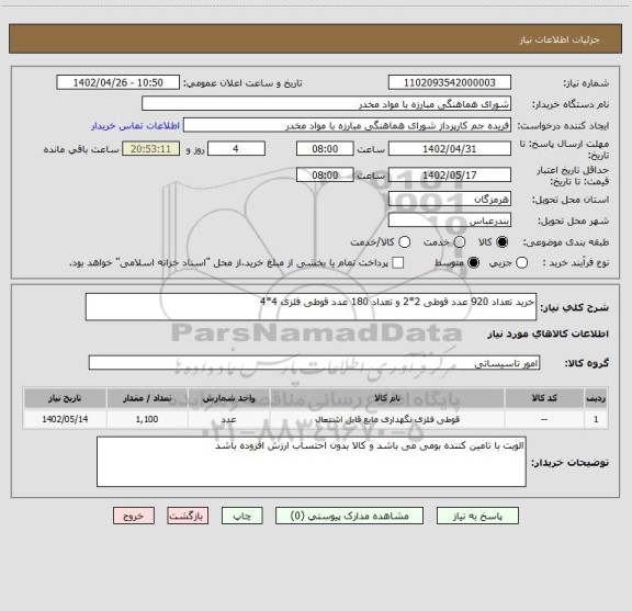 استعلام خرید تعداد 920 عدد قوطی 2*2 و تعداد 180 عدد قوطی فلزی 4*4