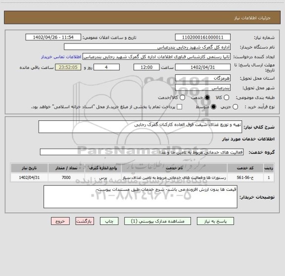 استعلام تهیه و توزیع غذای شیفت فوق العاده کارکنان گمرک رجایی