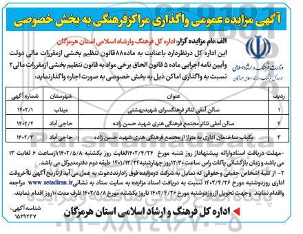 مزایده عمومی واگذاری مراکز فرهنگی به بخش خصوصی
