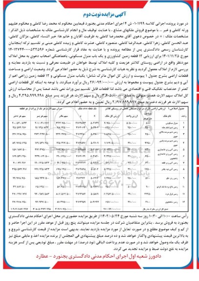 مزایده فروش 12 قطعه زمین کشاورزی و یک باب منزل مسکونی