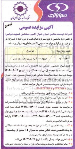 مزایده حدود 2000 تن سرباره دور ریز مس