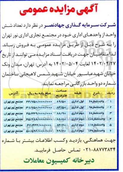 مزایده فروش شش واحد اداری در مجتمع تجاری اداری نور