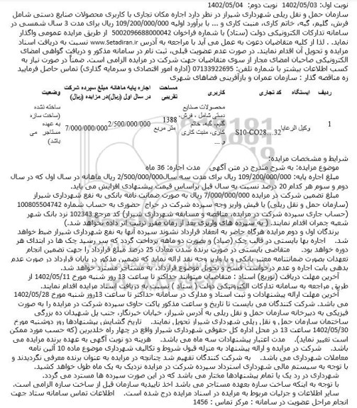 مزایده،مزایده اجاره مکان تجاری با کاربری محصولات صنایع دستی