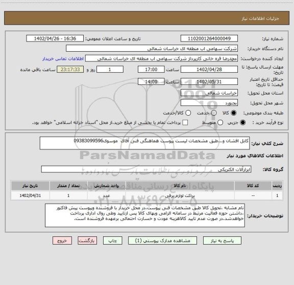 استعلام کابل افشان و...طبق مشخصات لیست پیوست هماهنگی فنی آقای  موسوی09383099596