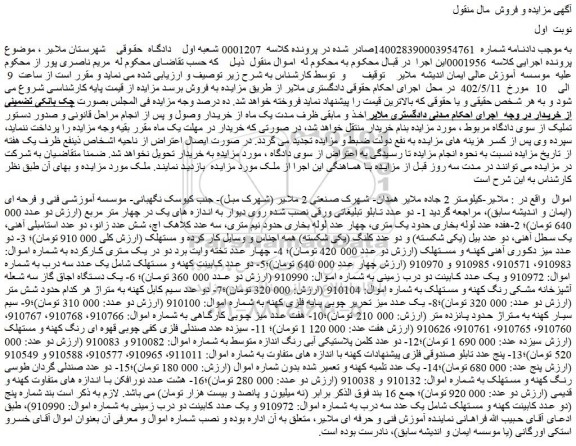 مزایده فروش دو عدد تابلو تبلیغاتی ورقی نصب شده روی دیوار به اندازه های یک در چهار متر مربع و..