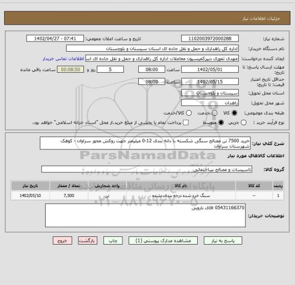 استعلام خرید 7500 تن مصالح سنگی شکسته با دانه بندی 12-0 میلیمتر جهت روکش محور سراوان - کوهک شهرستان سراوان