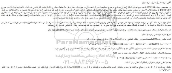 مزایده فروش خودرو سواری پژو RDI-- تعداد سیلندر :4