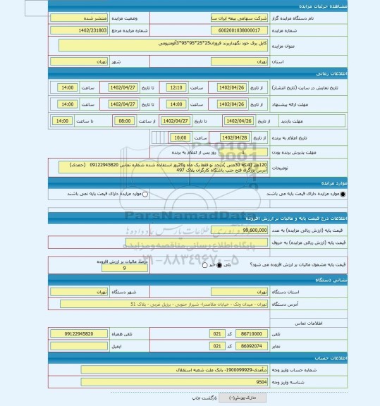 مزایده ، کابل برق خود نگهداربرند فروزان25*25*95*95*3آلومنیومی