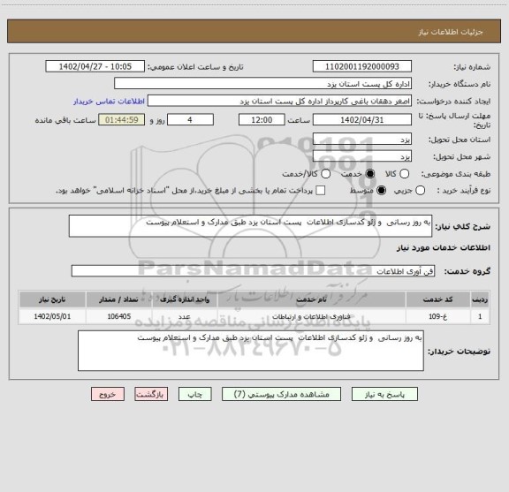 استعلام به روز رسانی  و ژئو کدسازی اطلاعات  پست استان یزد طبق مدارک و استعلام پیوست