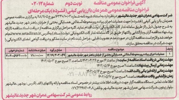 فراخوان مناقصه عملیات اجرای پیاده رو و محوطه آسفالتی همسایگی بخشی از خیابان - نوبت دوم