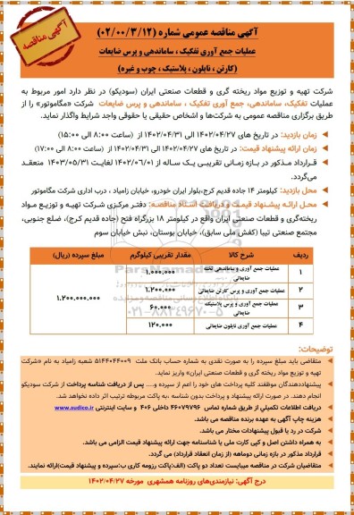 مناقصه عملیات جمع آوری تفکیک، ساماندهی و پرس ضایعات (کارتن، نایلون، پلاستیک، چوب و غیره)