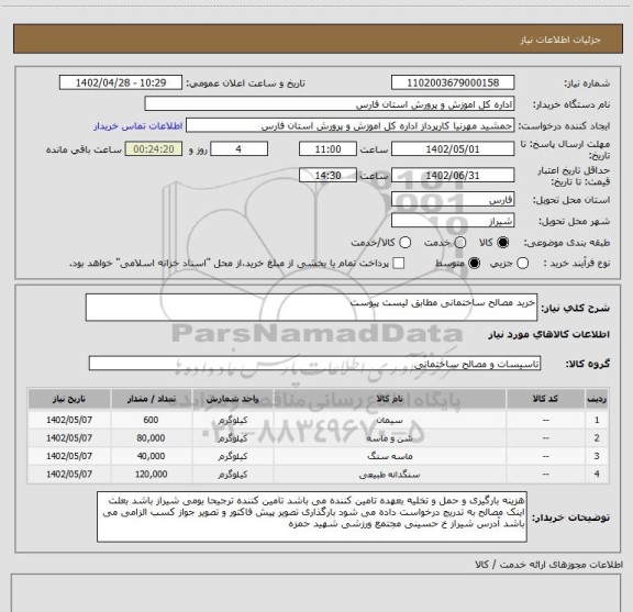 استعلام خرید مصالح ساختمانی مطابق لیست پیوست