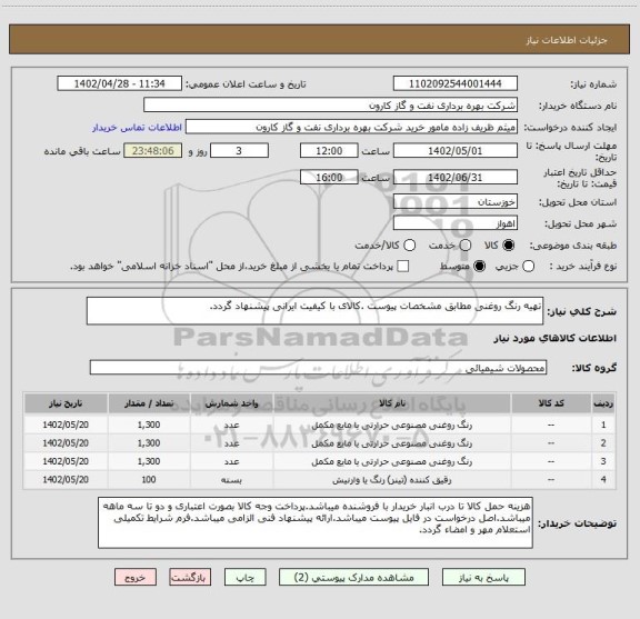 استعلام تهیه رنگ روغنی مطابق مشخصات پیوست .کالای با کیفیت ایرانی پیشنهاد گردد.