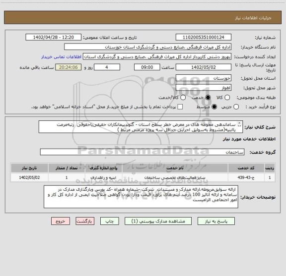 استعلام ساماندهی محوطه های در معرض خطر سطح استان - گتوندپیمانکاران حقیقی یاحقوقی  رتبه مرمت یاابنیه(مشروط به سوابق اجرایی  حداقل سه پروژه مرمتی مرتبط )