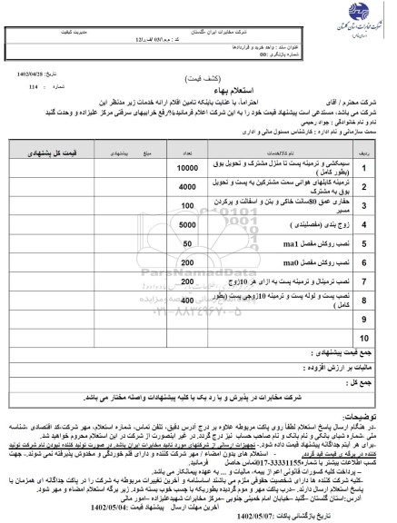 استعلام رفع خرابیهای سرقتی مرکز علیزاده و وحدت