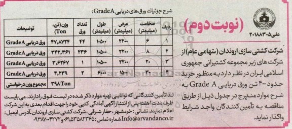 مناقصه خرید حدود 400 تن ورق دریایی  Grade Aمناقصه خرید حدود 400 تن ورق دریایی  Grade A ـ نوبت دوم