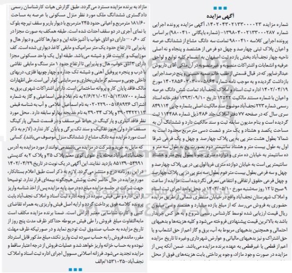 مزایده ششدانگ عرصه و اعیان پلاک ثبتی چهارصد و چهل دو فرعی از هشتصد و پنجاه و نه اصلی ناحیه چهار
