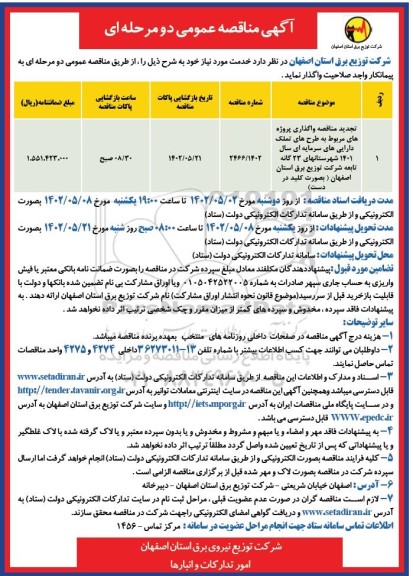 تجدید مناقصه واگذاری پروژه های مربوط به طرح تملک دارایی های سرمایه ای 