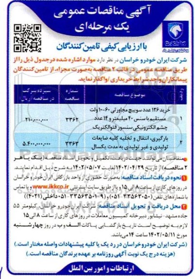مناقصه خرید 126 عدد سوییچ مجاورتی 60-10 ولت مستقیم...