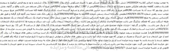 آگهی مزایده شش دانگ یک باب آپارتمان مسکن مهر با کاربری مسکونی دارای پلاک 1387/695