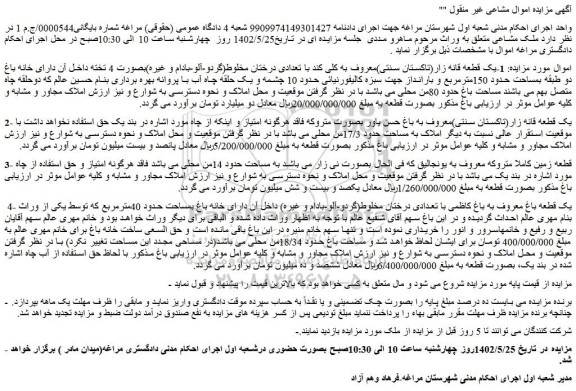 مزایده فروش یک قطعه قانه زار(تاکستان سنتی)معروف به کلی کند با تعدادی درختان مخلوط 