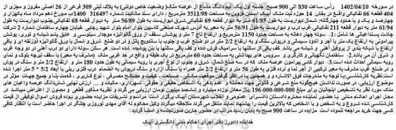 مزایده فروش یک  نیم دانگ مشاع از عرصه ملک( وضعیت خاص دولتی) به پلاک ثبتی 309 فرعی از 26 اصلی مفروز و مجزی از 404 قطعه 66 تفکیکی 