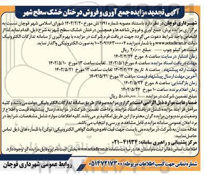 تجدید مزایده جمع آوری و فروش درختان خشک سطح شهر