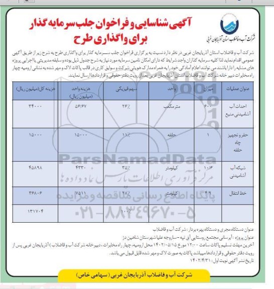 شناسایی و فراخوان جلب سرمایه گذار برای واگذاری طرح