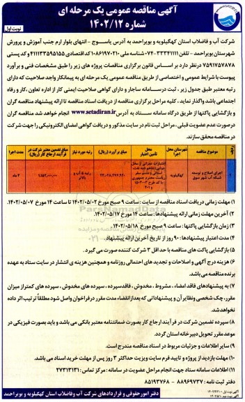 مناقصه اجرای اصلاح و توسعه شبکه آب