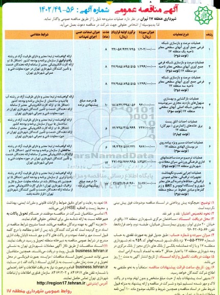 مناقصه عملیات مرمت و بازسازی شبکه فرعی جمع آوری آبهای سطحی معابر ناحیه یک و....