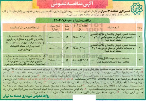 مناقصه عملیات تعمیر و تعویض و نگهداری علائم راهنمایی و تجهیزات ترافیکی ....