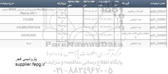 استعلام مربوط به pre filter های ورودی و خروجی spool تعویض plant air asu i....