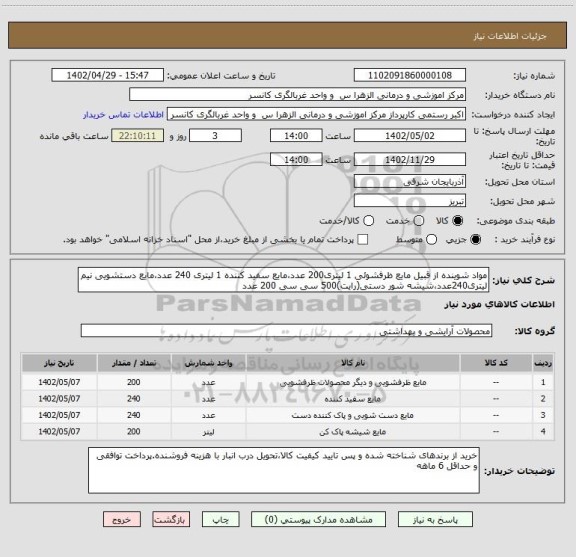 استعلام مواد شوینده از قبیل مایع ظرفشوئی 1 لیتری200 عدد،مایع سفید کننده 1 لیتری 240 عدد،مایع دستشویی نیم لیتری240عدد،شیشه شور دستی(رایت)500 سی سی 200 عدد