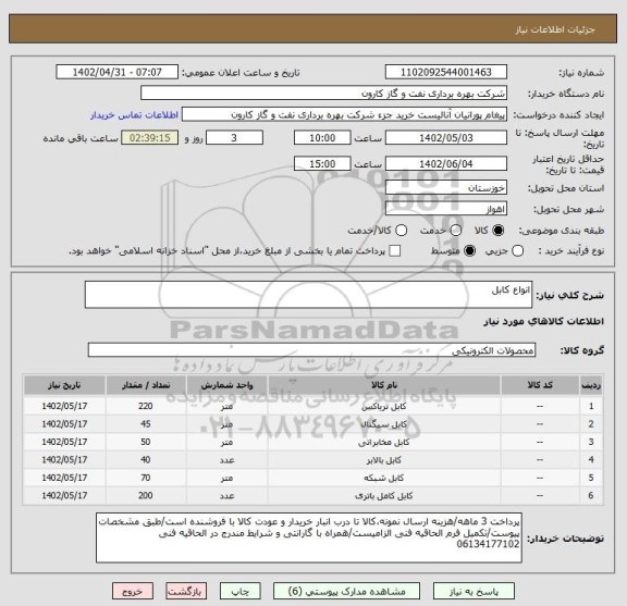 استعلام انواع کابل