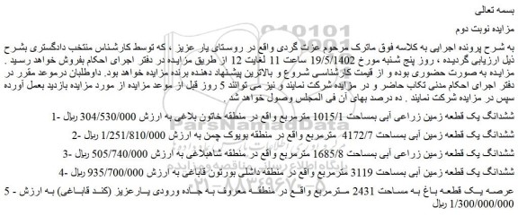 مزایده فروش ششدانگ یک قطعه زمین زراعی آبی بمساحت 1015/1 مترمربع  