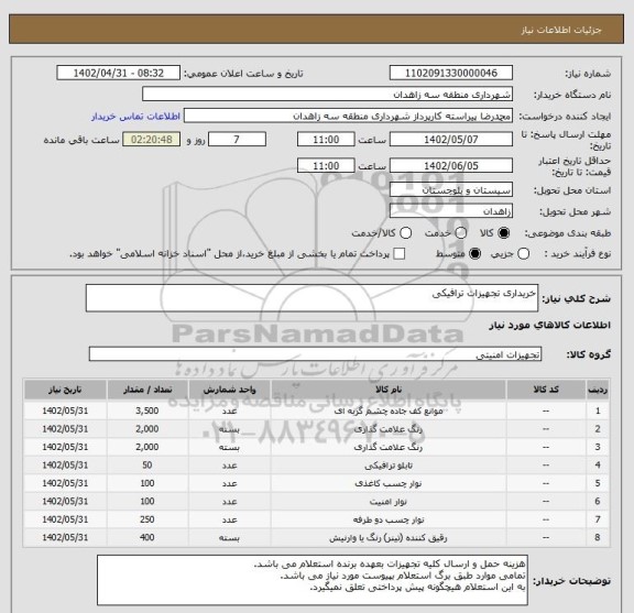 استعلام خریداری تجهیزات ترافیکی