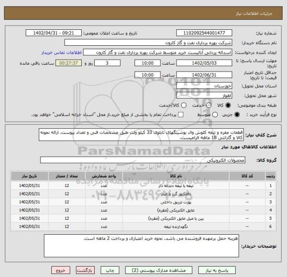 استعلام قطعات مقره و تیغه کلوش وال بوشینگهای تابلوی 33 کیلو ولت طبق مشخصات فنی و تعداد پیوست. ارائه نمونه کالا و گارانتی 18 ماهه الزامیست.