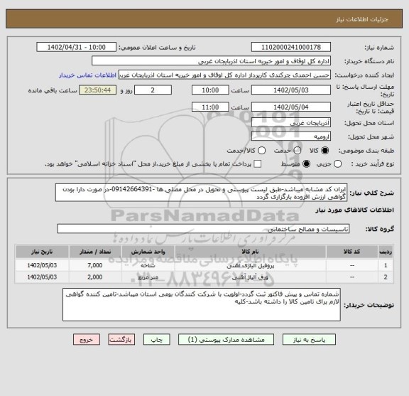 استعلام ایران کد مشابه میباشد-طبق لیست پیوستی و تحویل در محل مصلی ها -09142664391-در صورت دارا بودن گواهی ارزش افزوده بارگزاری گردد
