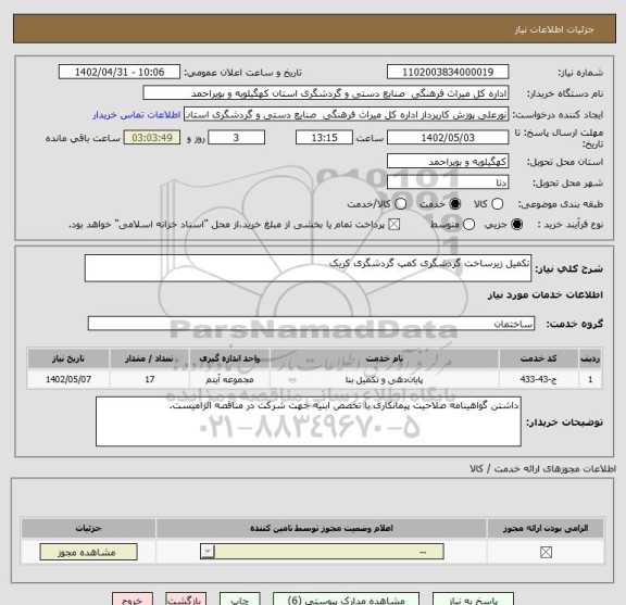 استعلام تکمیل زیرساخت گردشگری کمپ گردشگری کریک