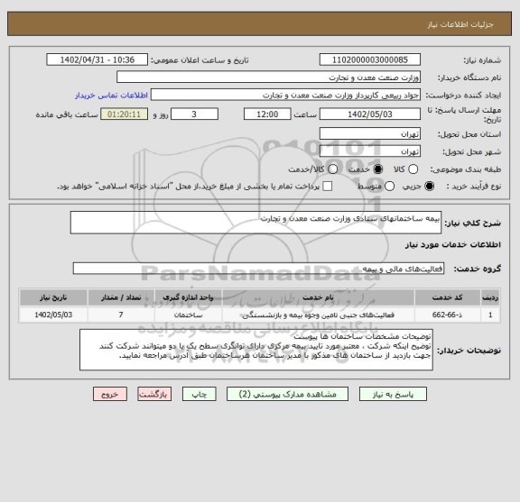 استعلام بیمه ساختمانهای ستادی وزارت صنعت معدن و تجارت