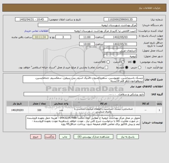 استعلام دیسک باسیتراسین. نئوبیوسین. سفتریاکسون. نالدیک اسید. پنی سیلین. سفکسیم. جنتامایسین. نیتروفورانتون.ازهر قلم 10بسته
