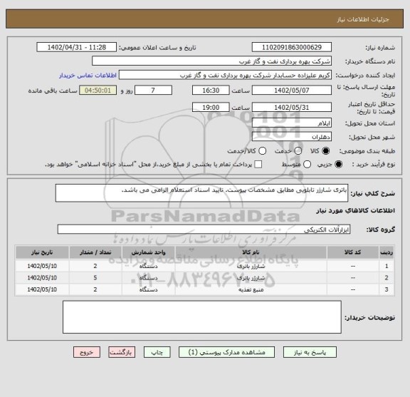 استعلام باتری شارژر تابلویی مطابق مشخصات پیوست. تایید اسناد استعلام الزامی می باشد.