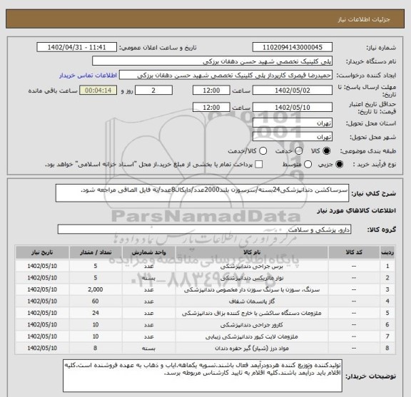 استعلام سرساکشن دندانپزشکی24بسته/سرسوزن بلند2000عدد/دایکال8عدد/به فایل الصاقی مراجعه شود.