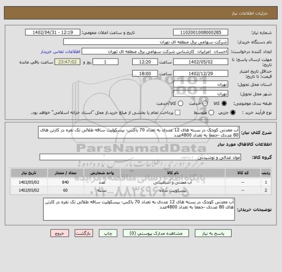 استعلام آب معدنی کوچک در بسته های 12 عددی به تعداد 70 باکس- بیسکوئیت ساقه طلائی تک نفره در کارتن های 80 عددی -جمعا به تعداد 4800عدد