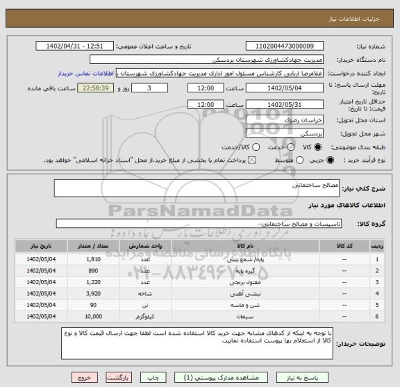 استعلام مصالح ساختمانی